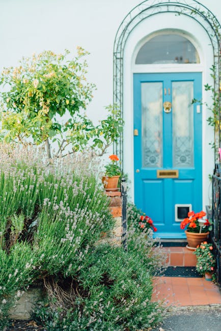 A front garden in Southfields featuring a paved pathway leading to a white front door set within a red-brick house. The garden is bordered by well-maintained, rounded green shrubs and a flowering shru